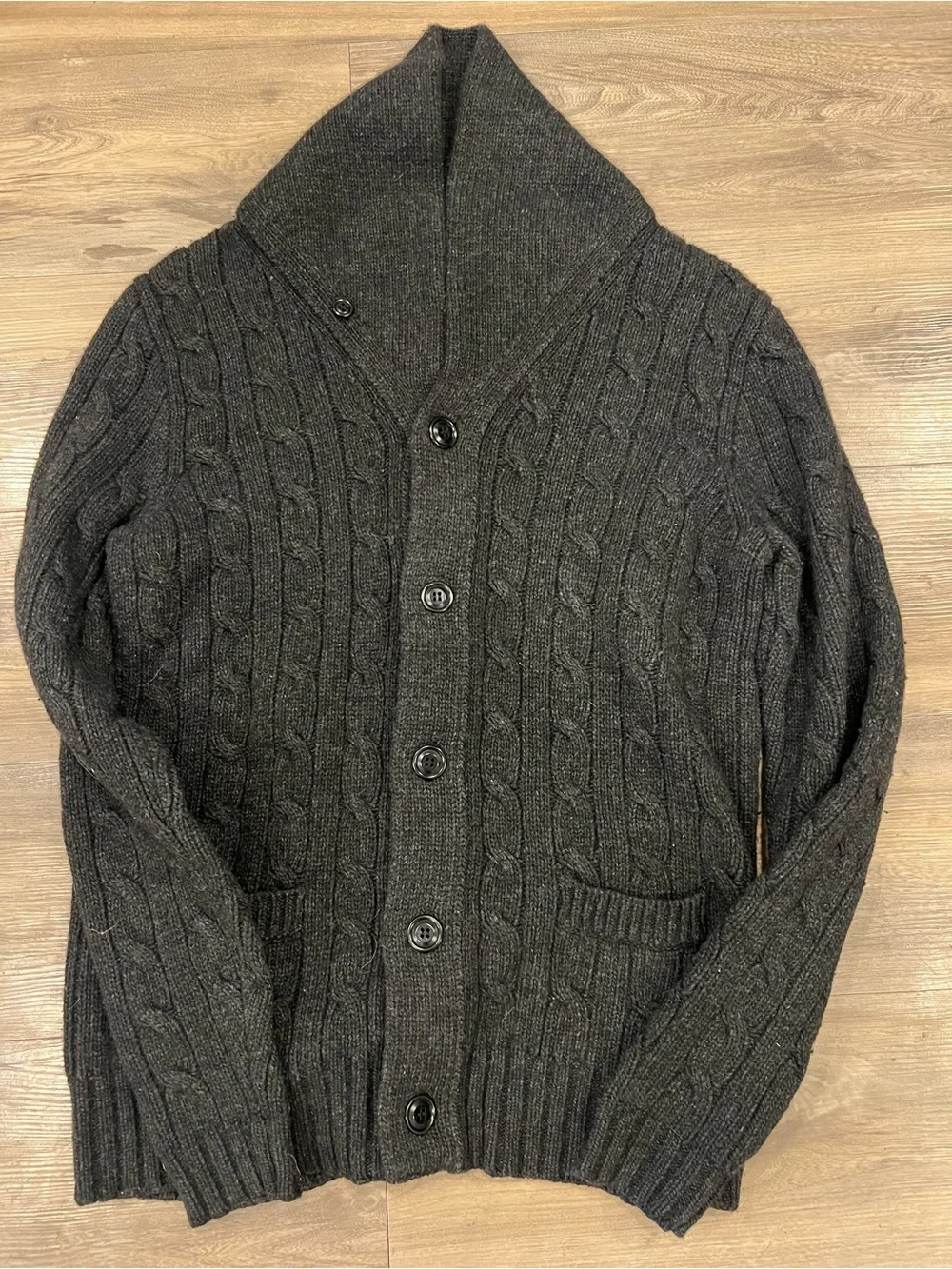 J. Crew Men's Dark Charcoal Shawl Collar Cable Knit Cardigan. Wool.